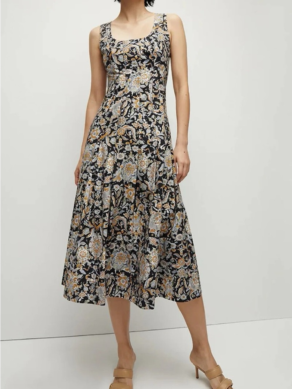 Veronica Beard Jolie Black Floral Scoop-Neck Midi Dress with Gold Accents
